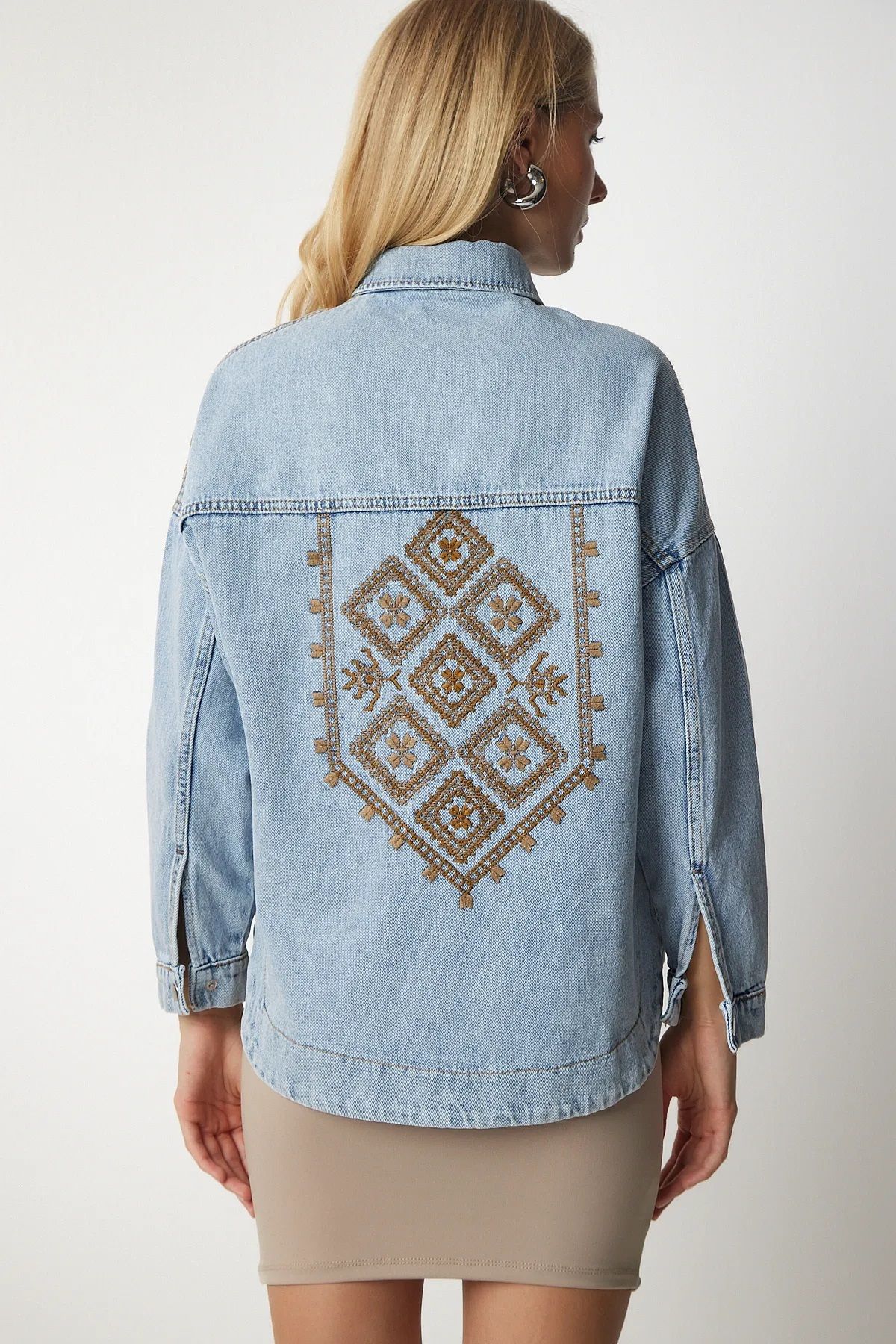Namaste Vintage Mavi renk etnik nakışlı denim ceket
