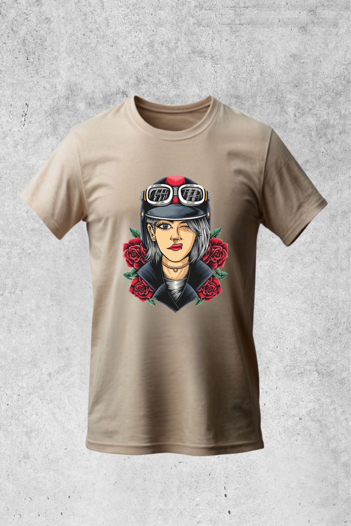 MOLICO Basic unısex sıfır yaka kısa kollu KASKLI MOTORCU KIZ BASKILI tshirt