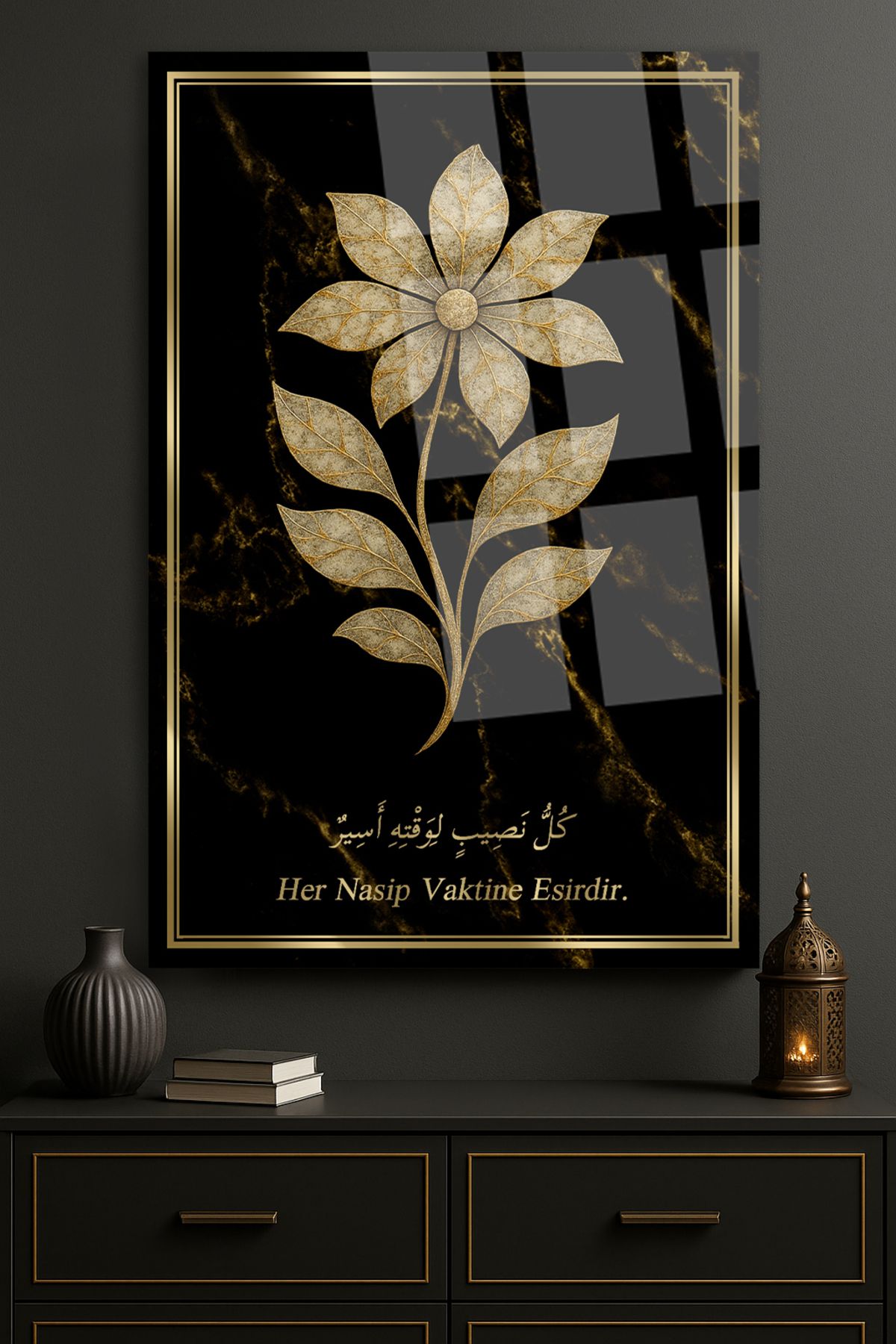 TAULART "Her Nasip Vaktine Esirdir." Mermer Görünüm TABLO CAM TABLO EV HEDİYESİ ULTRA CANLI RENKLER