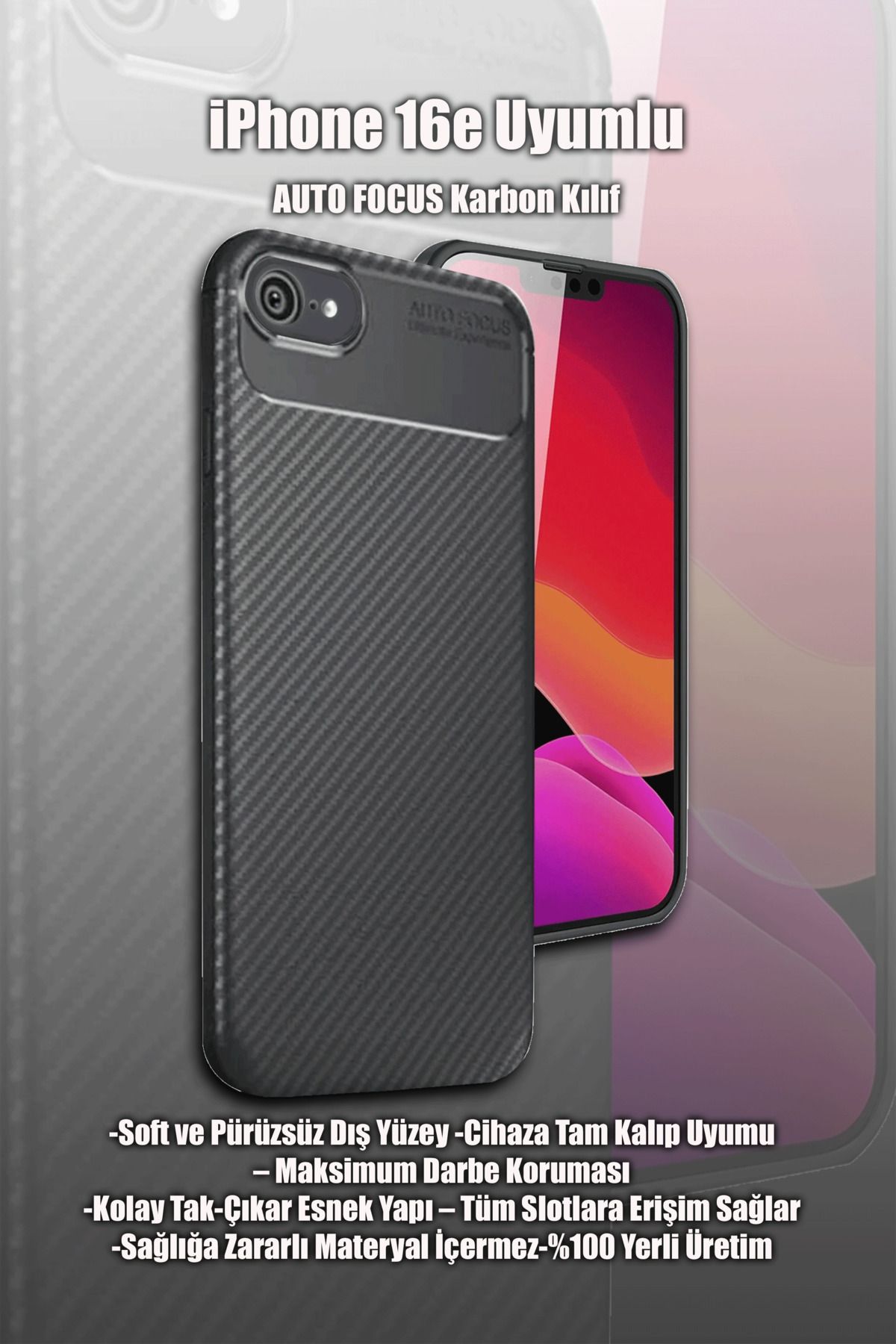 mobrika iPhone 16E Karbon Detaylı Telofon Kılıf - Auto Focus Kapak