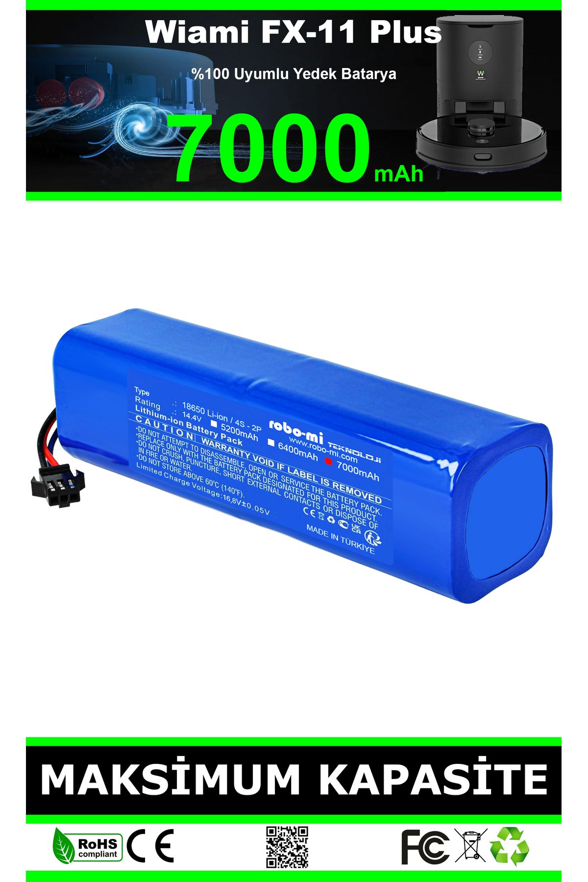 robo-mi Wiami FX-11 Plus 7000mAh Robot Süpürge Bataryası - Gerçek Kapasite, Maksimum Güvenlik