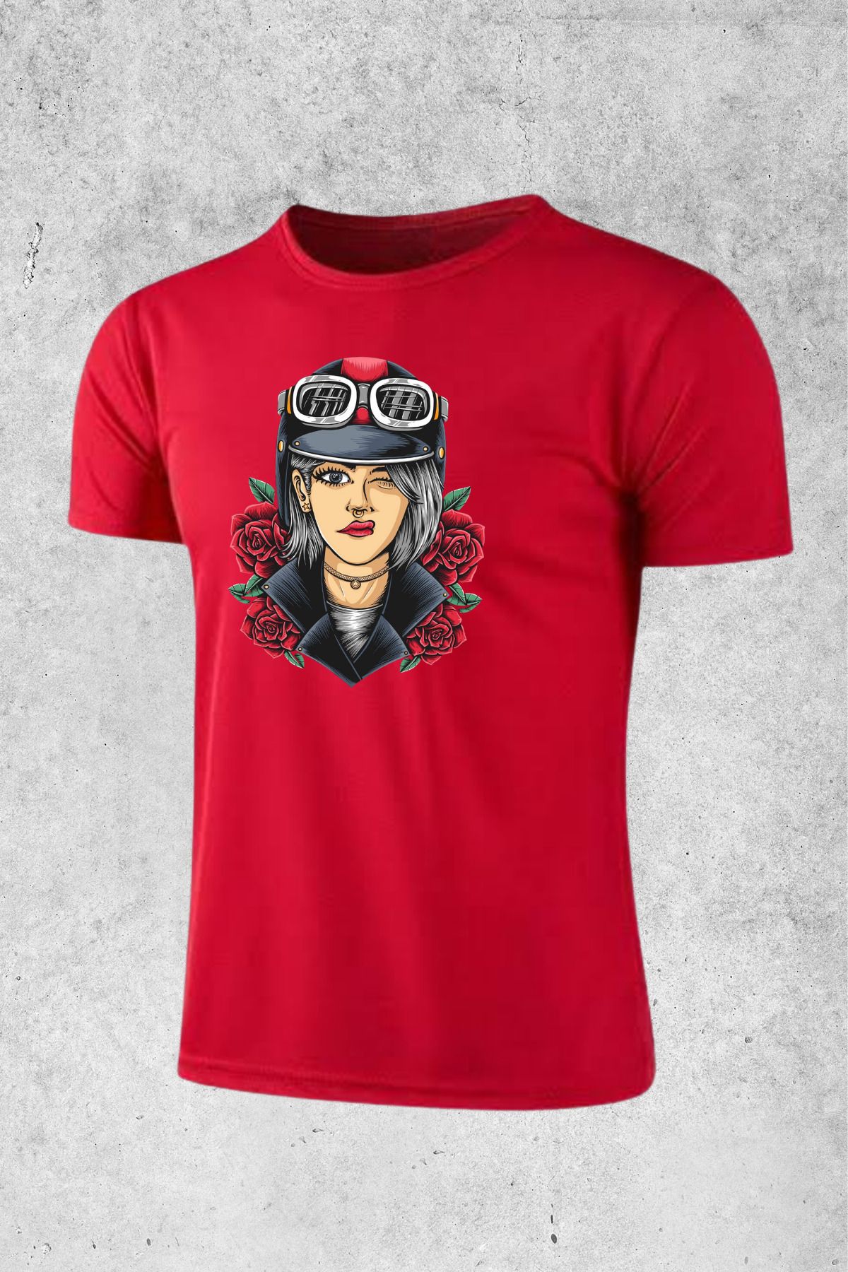MOLICO Basic unısex sıfır yaka kısa kollu KASKLI MOTORCU KIZ BASKILI tshirt