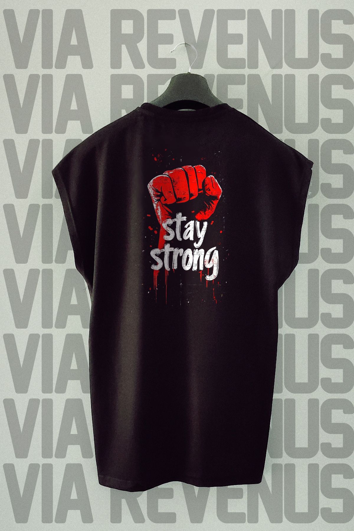 Vordevia Stay Strong Gym Sırt Baskılı Sıfır Kollu Bisiklet Yaka Spor Tshirt