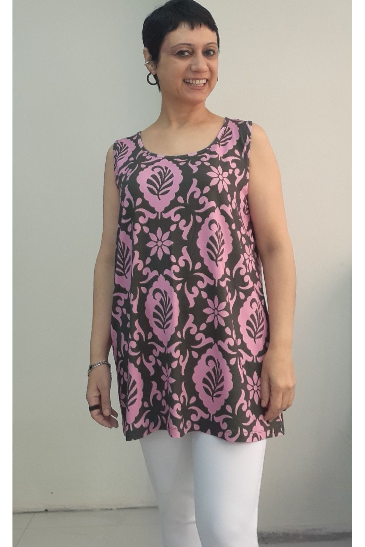 Mertcan Butik Pembe Haki yeşil desenli kalın askilı penye viskon tişört
