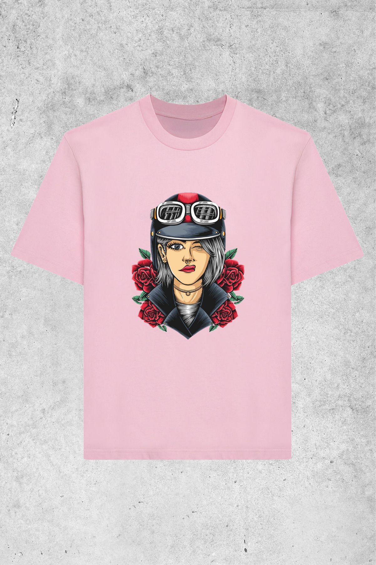 MOLICO Basic unısex sıfır yaka kısa kollu KASKLI MOTORCU KIZ BASKILI tshirt