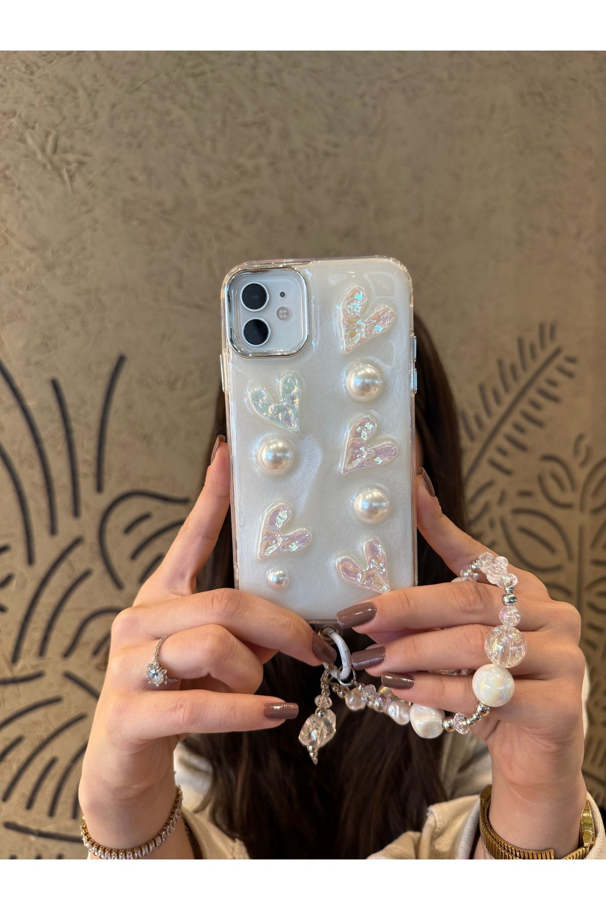 Mois Case İPhone 12 Lux ışıltılı İnci charmlı kalpli kılıf