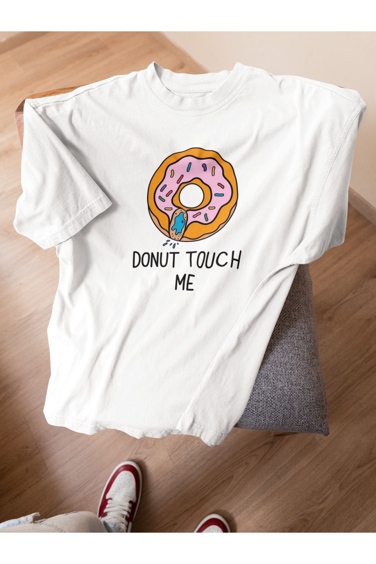 Lyonis Kadın Oversize Donut Touch Me Baskılı Bisiklet Yaka Penye T-Shirt