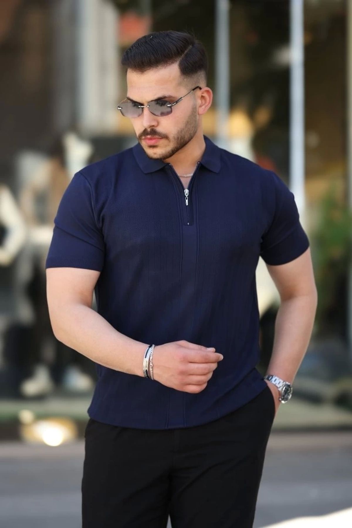 Kaplan Erkek Yakası Fermuarlı Kısa Kollu T-shirt