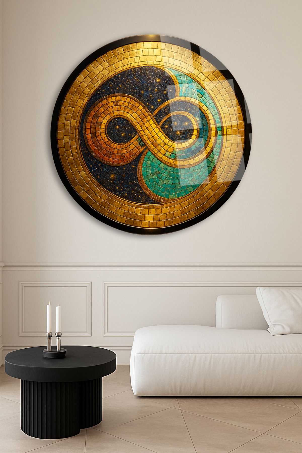 TAULART MOZAİK DESENLİ SONSUZLUK İŞARETİ KIRILMAZ MODERN YUVARLAK CAM TABLO EV HEDİYESİ ULTRA CANLI RENKLER