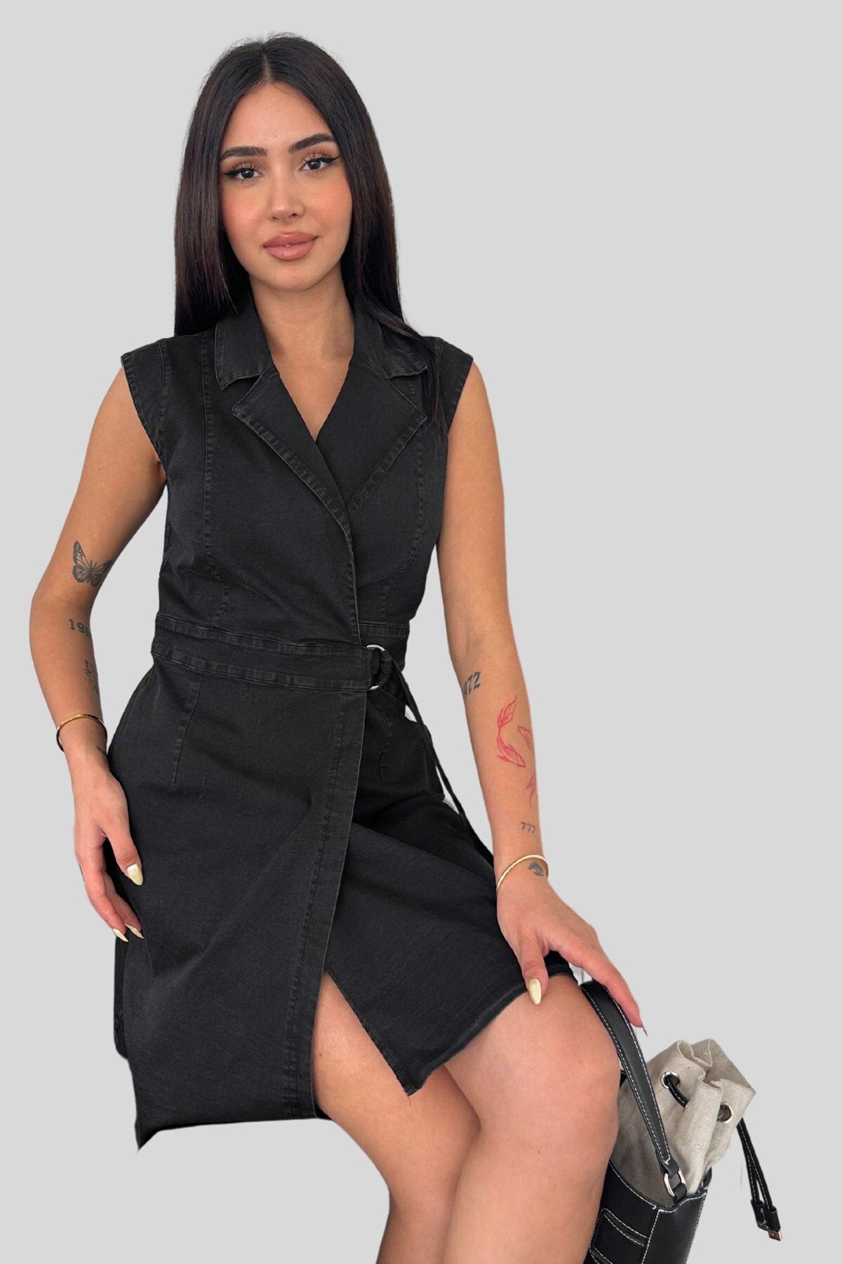 Moda Amore Ceket Yaka Kolsuz Yazlık Kadın Kot Elbise 041