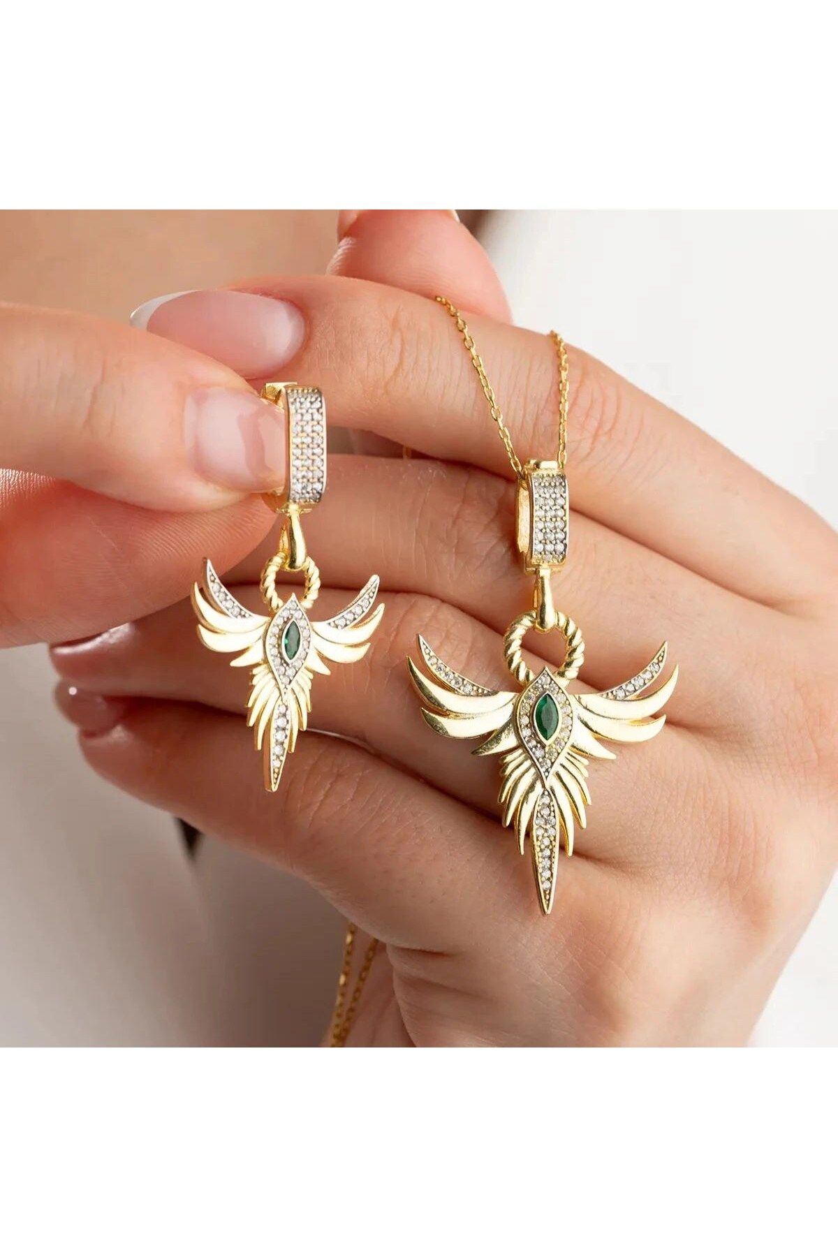 beonejewelry ZÜMRÜDÜANKA KOLYE KÜPE SET | 925 GÜMÜŞ