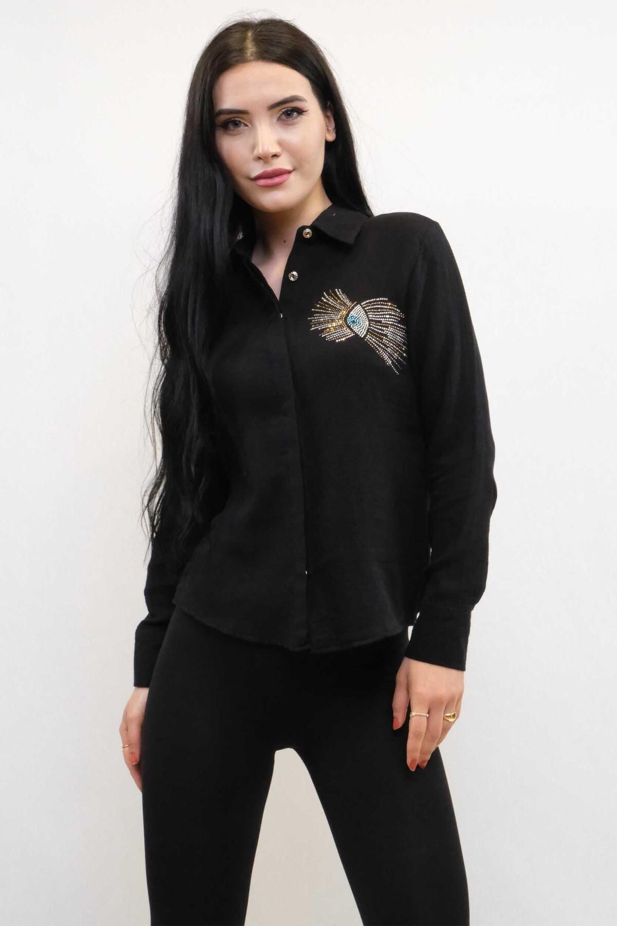 PuShe Moda Çizgi Taşlı Keten Gömlek MC2301 Siyah