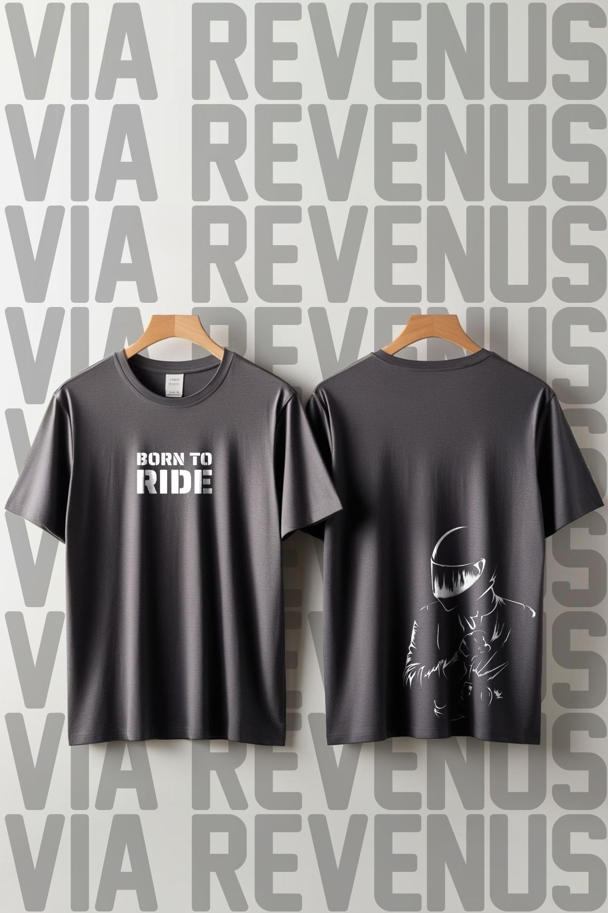 Vordevia Born To Ride / Motorcu Ön ve Arka Baskılı Geniş Kalıp Unisex Bisiklet Yaka Tshirt