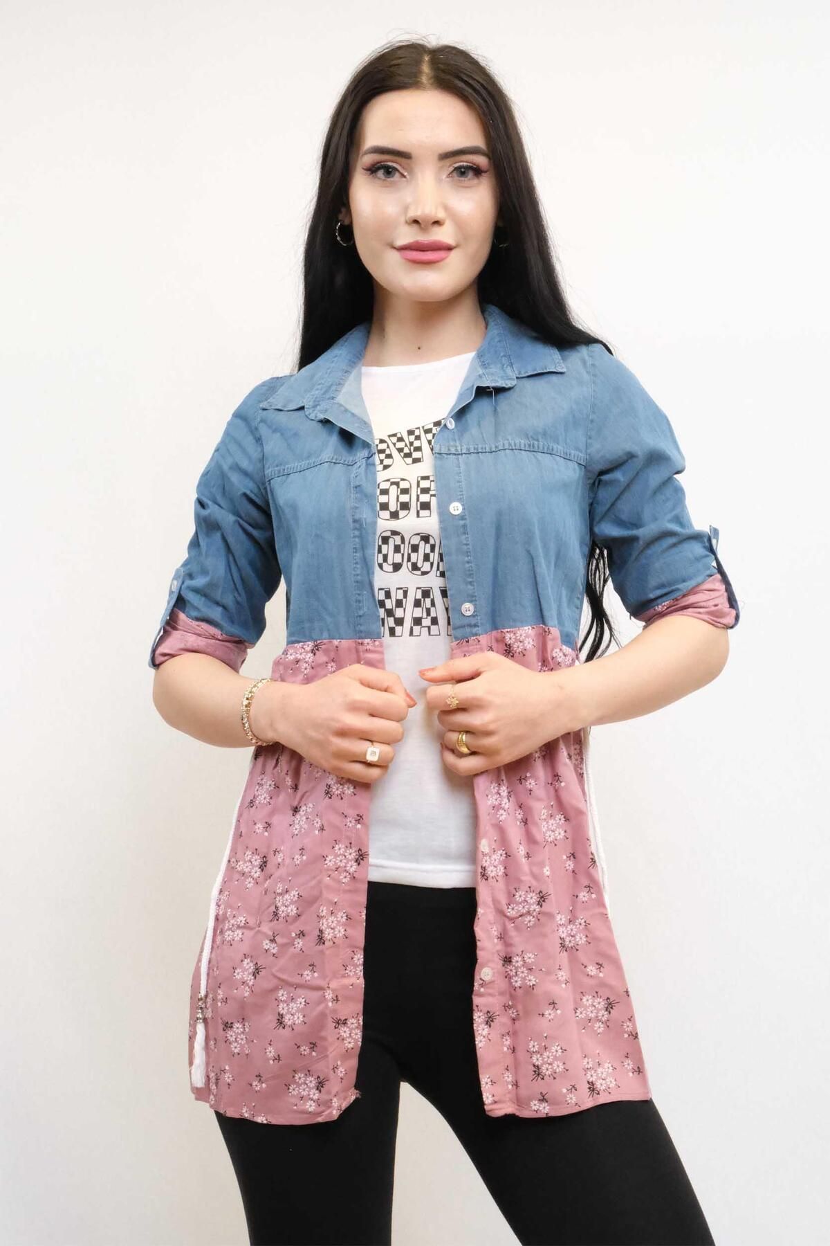 LLOHA Moda Çizgi Gömlek İçi T-shirt İkili Takım Pudra