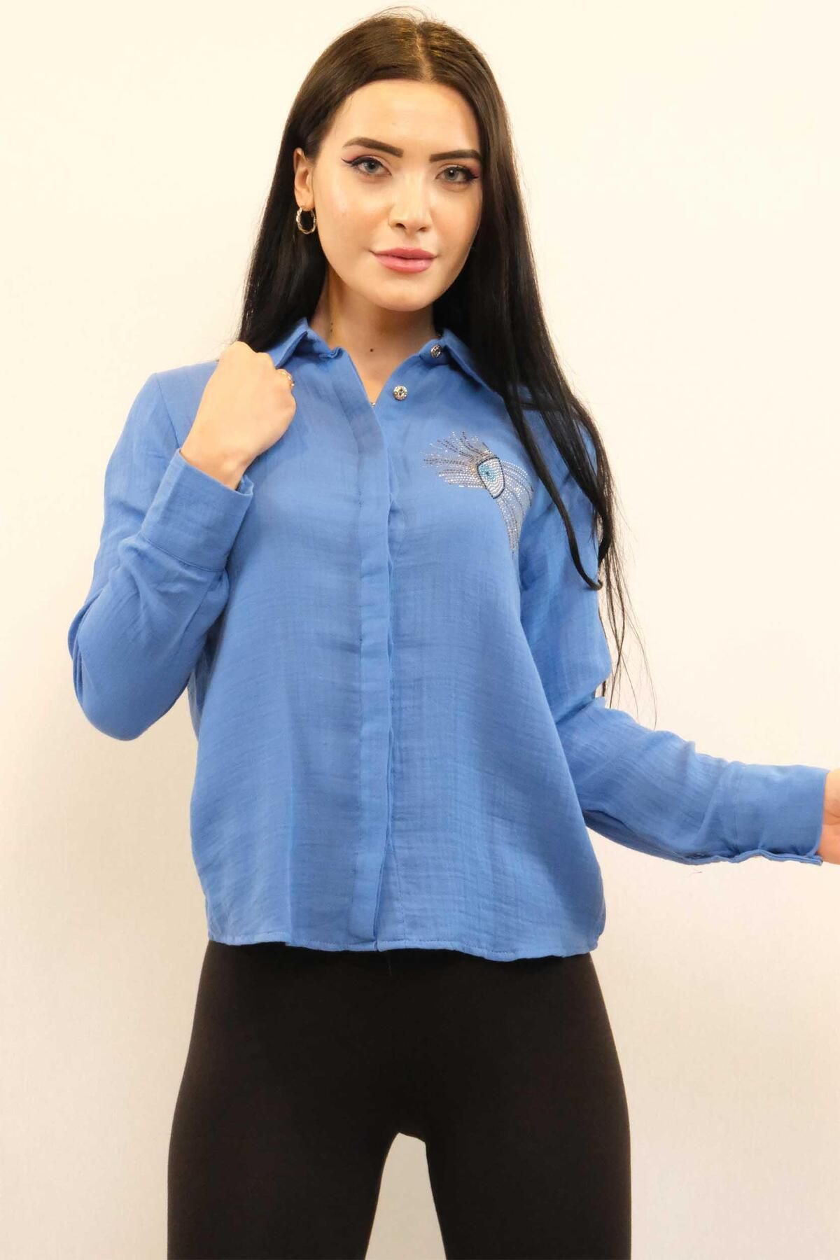 PuShe Moda Çizgi Taşlı Keten Gömlek MC2301 İndigo