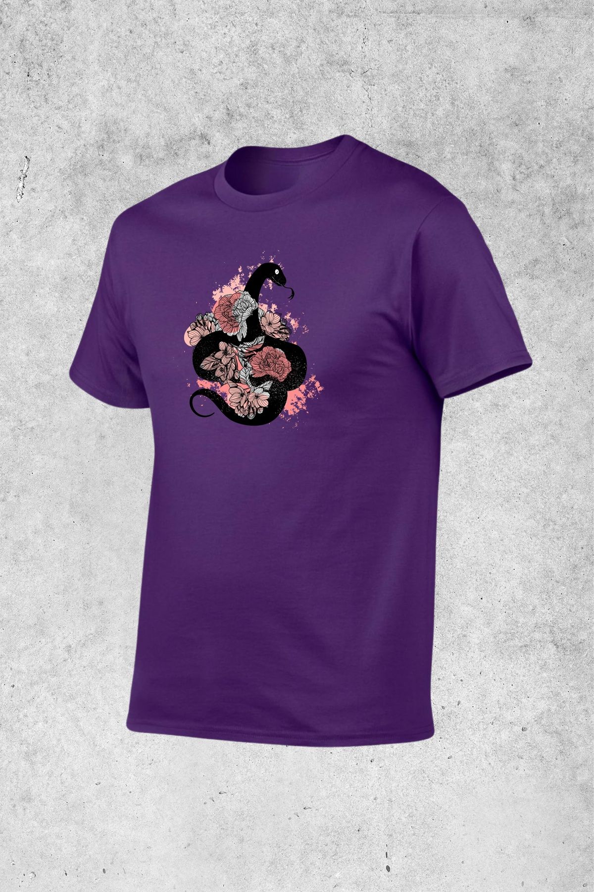 MOLICO Basic unısex sıfır yaka kısa kollu GÜLLÜ YILAN BASKILI tshirt