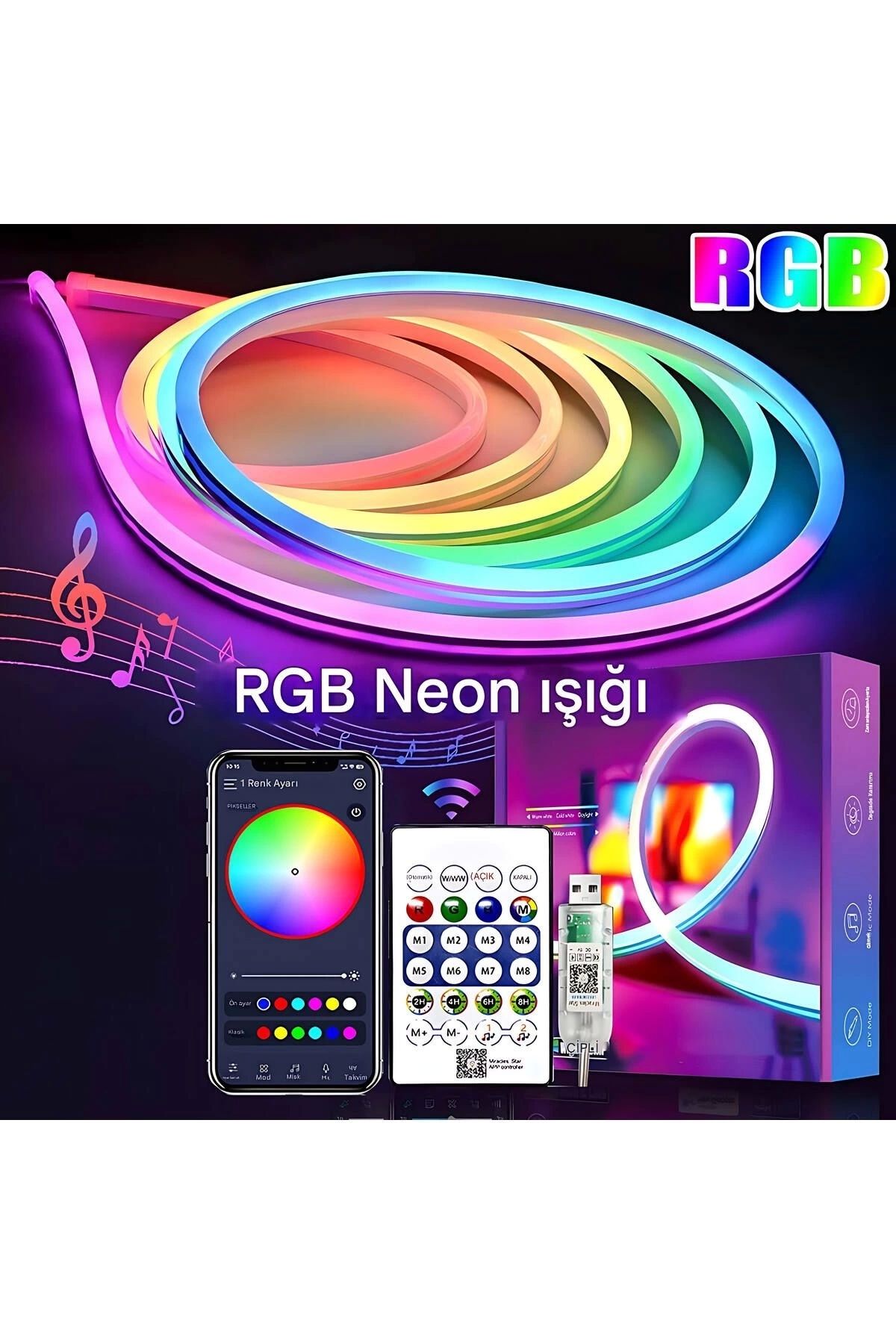 Epilons 5V RGB Neon Şerit Led Lamba 5M Telefon ve Kumanda ile Kontrol Sınırsız Renk Tak Çalıştır