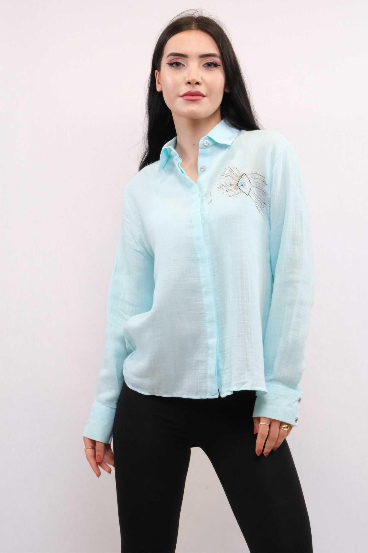 PuShe Moda Çizgi Taşlı Keten Gömlek MC2301 Mint