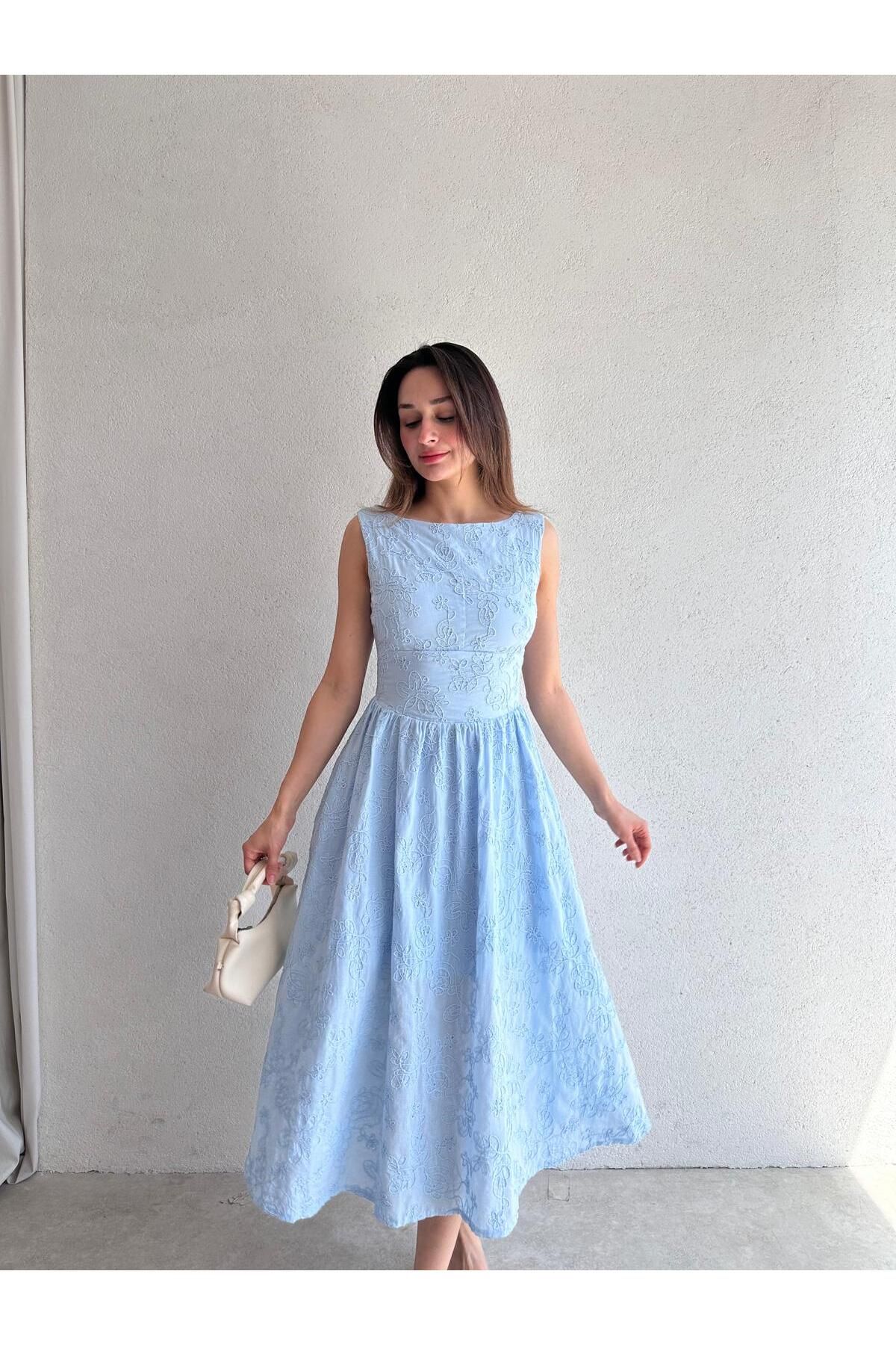 Mooi Butik RUBEL Midi Elbise 2383 - Mavi