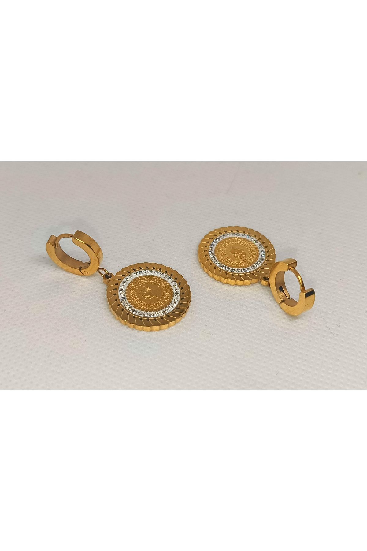 Store 316L Atatürk Cumhuriyet Altını Türk Lirası Desenli Paslanmaz Çelik Gold Küpe