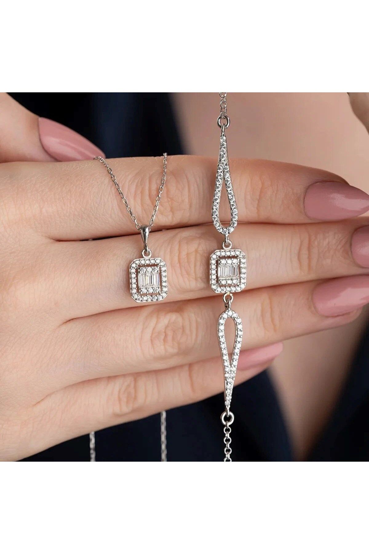 beonejewelry BAGET TAŞLI KOLYE BİLEKLİK SET | 925 GÜMÜŞ