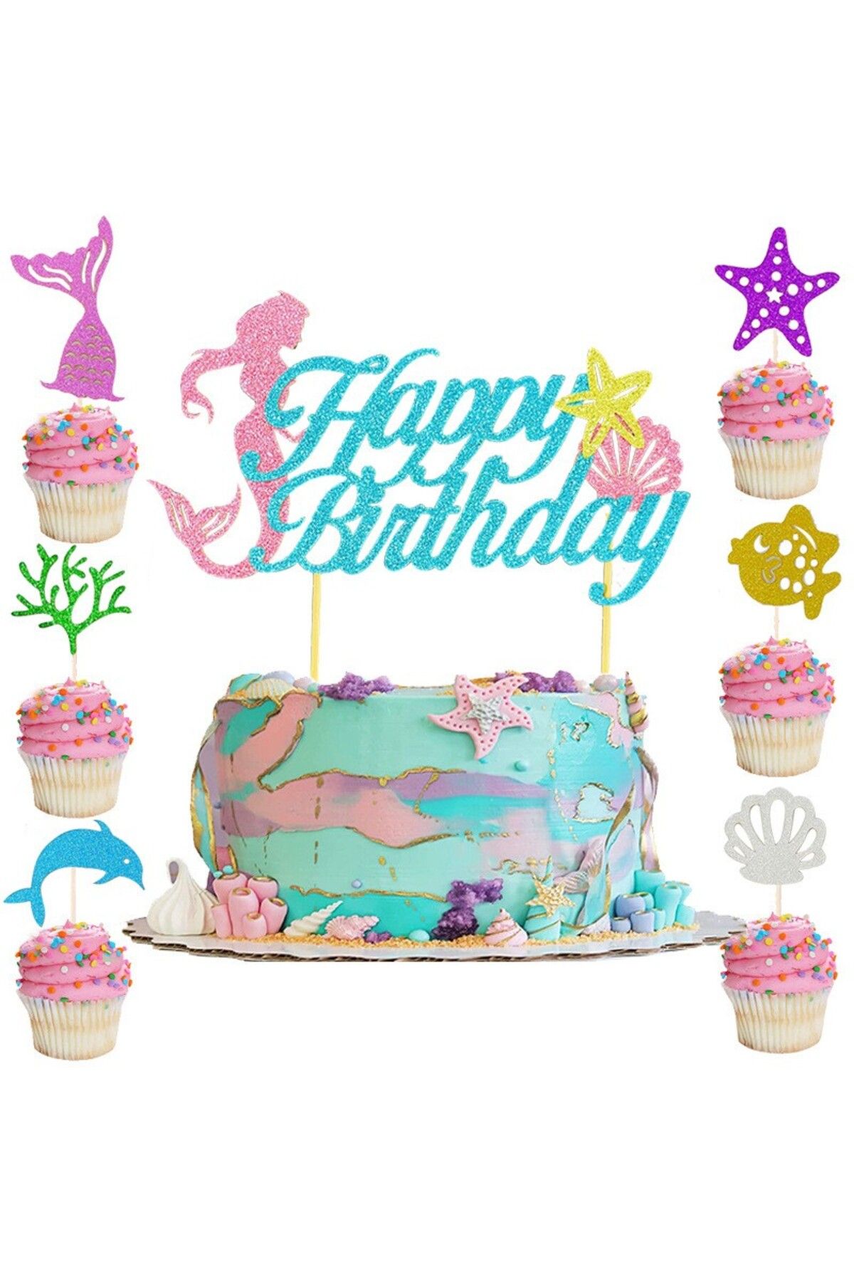 OEM Set Toppere Pentru Tort Si Prajituri, Tematica Sirena, Model Mare Scris Happy Birthd Unisex - 10