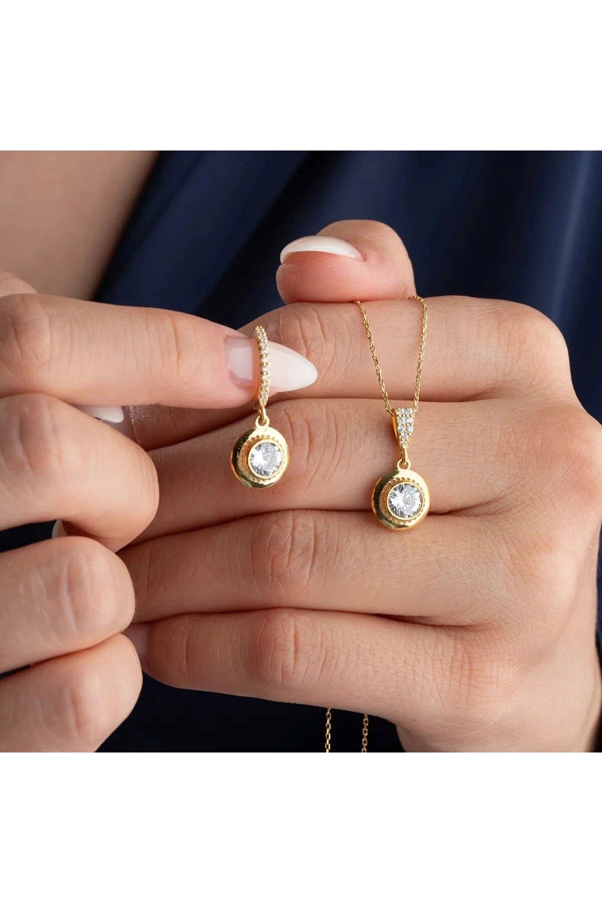 beonejewelry TEK TAŞ KOLYE KÜPE SET | 925 GÜMÜŞ