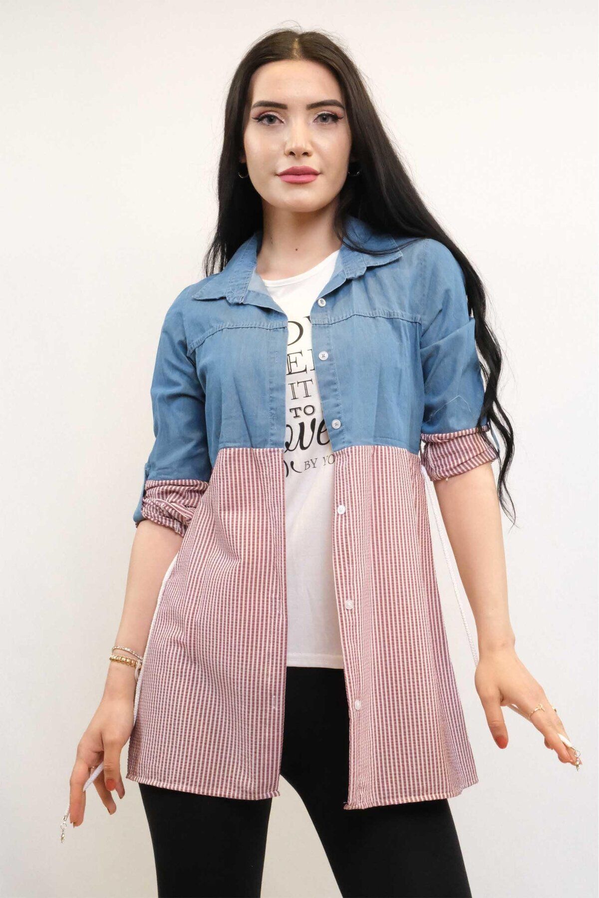 LLOHA Moda Çizgi Gömlek İçi T-shirt İkili Takım Bordo