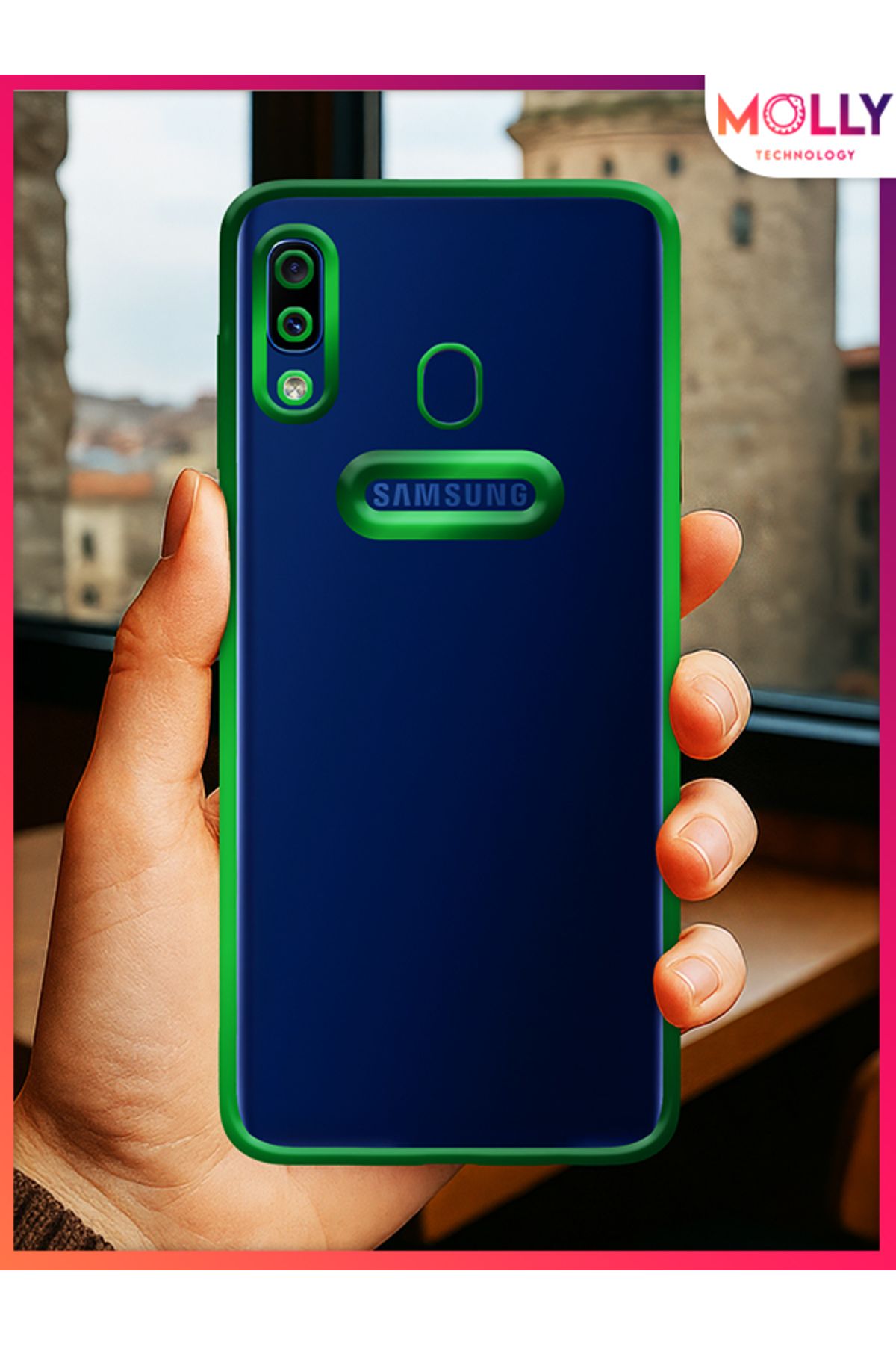 Molly Samsung Galaxy A20 İçin Kenarları Zehir Yeşili Lens Koruyuculu Lou Lazer Şeffaf Silikon Kılıf