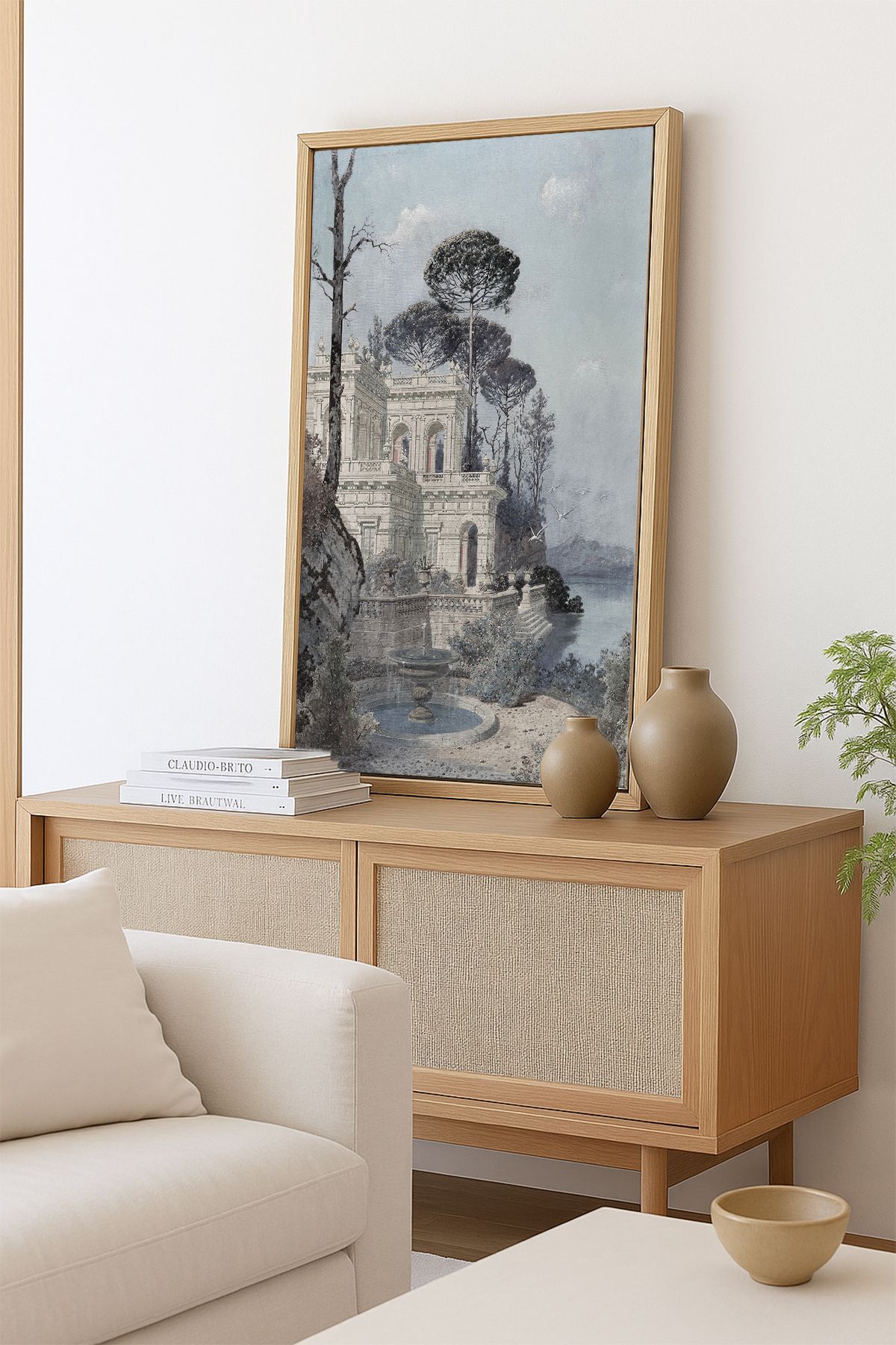 AKSU SANAT Yalı ve Havuz Vintage ÇERÇEVELİ Kanvas Tablo, ÇİFT ÇERÇEVELİ Tablo 1KTBL24