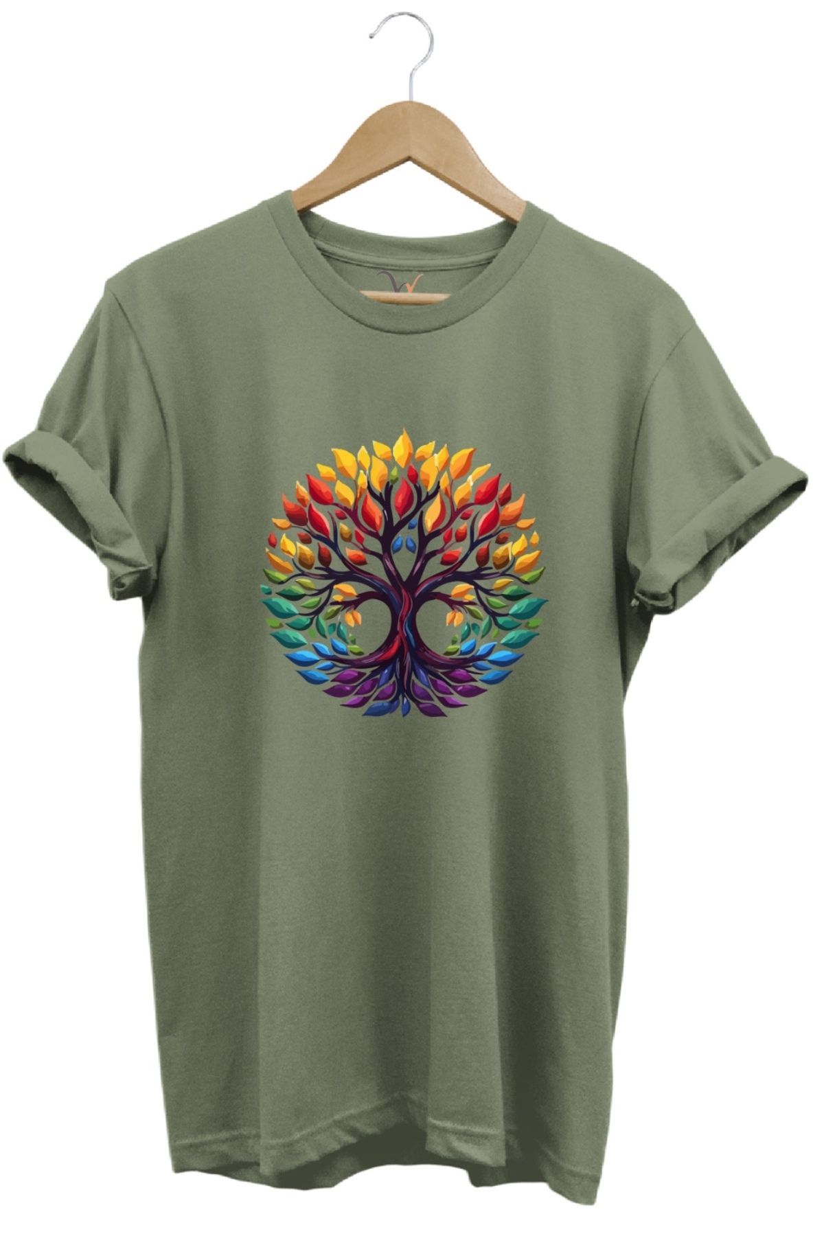 MODA Bohem Stil Yaşam Ağacı Baskılı %100 Pamuk Bisiklet Yaka Basic T-shirt