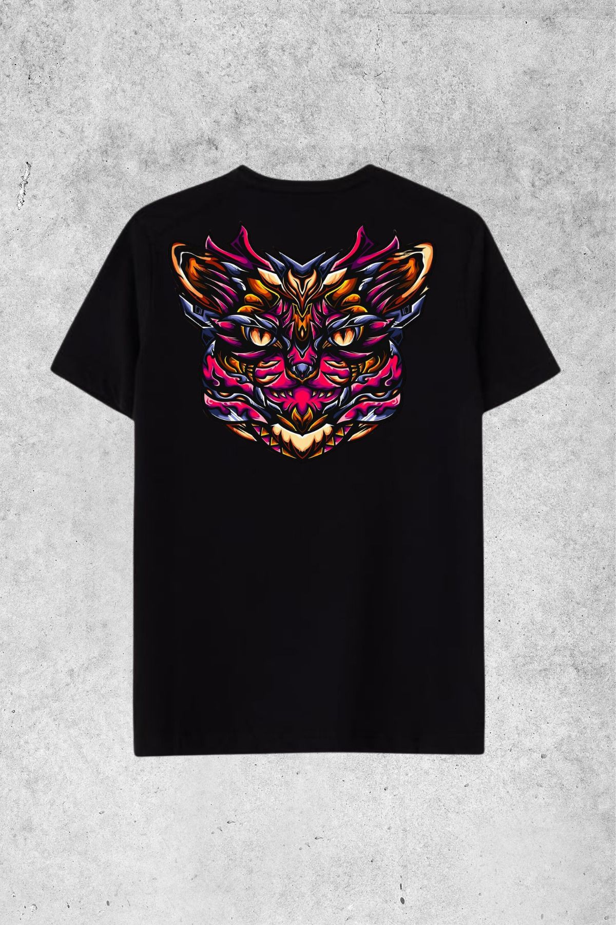 MOLICO Basic unısex sıfır yaka kısa kollu RENKLİ KEDİ SIRT BASKILI OVERSİZE tshirt