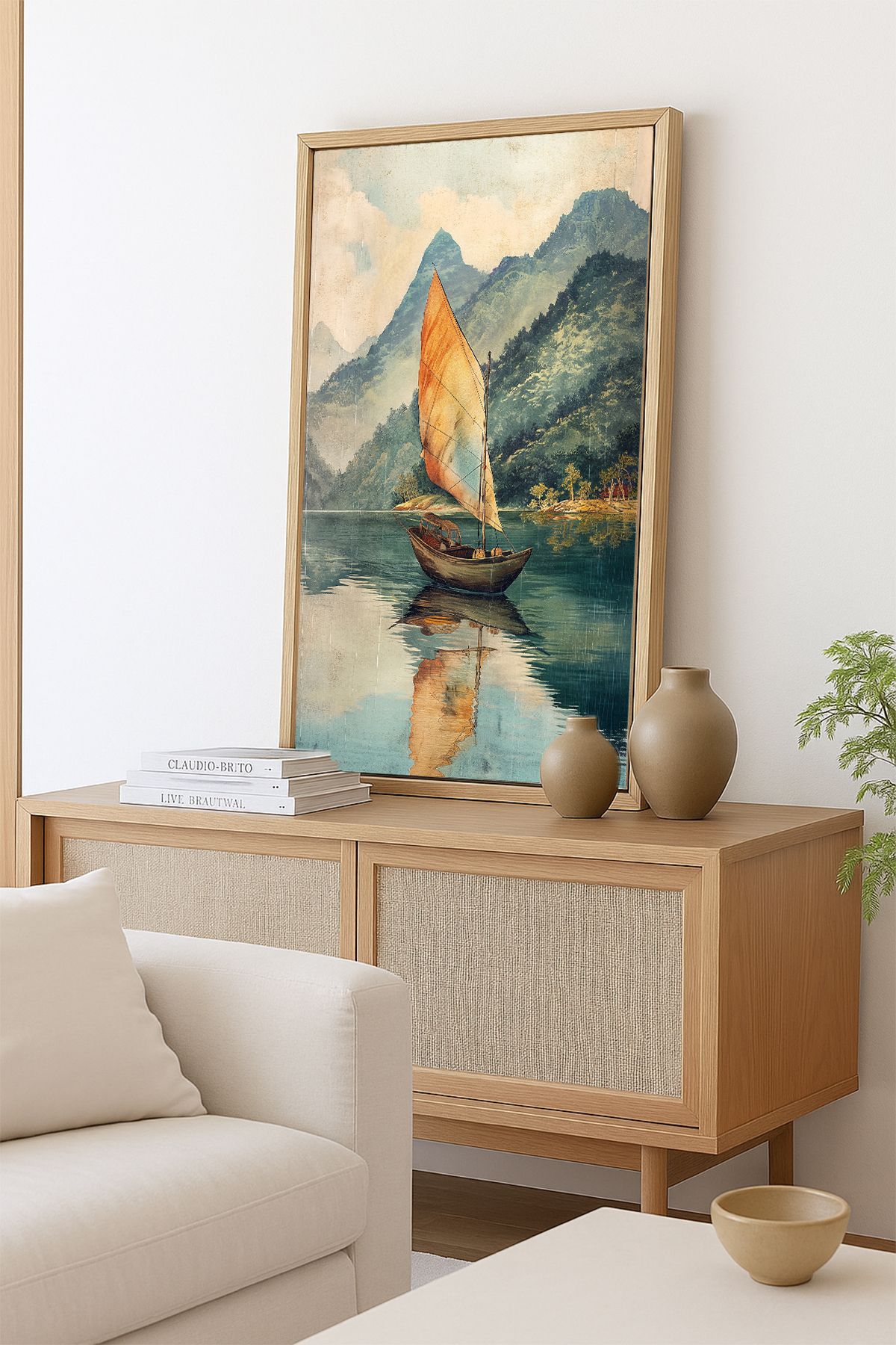 AKSU SANAT Fuji Dağı ve Yelkenli Vintage ÇERÇEVELİ Kanvas Tablo, ÇİFT ÇERÇEVELİ Tablo 1KTBL30