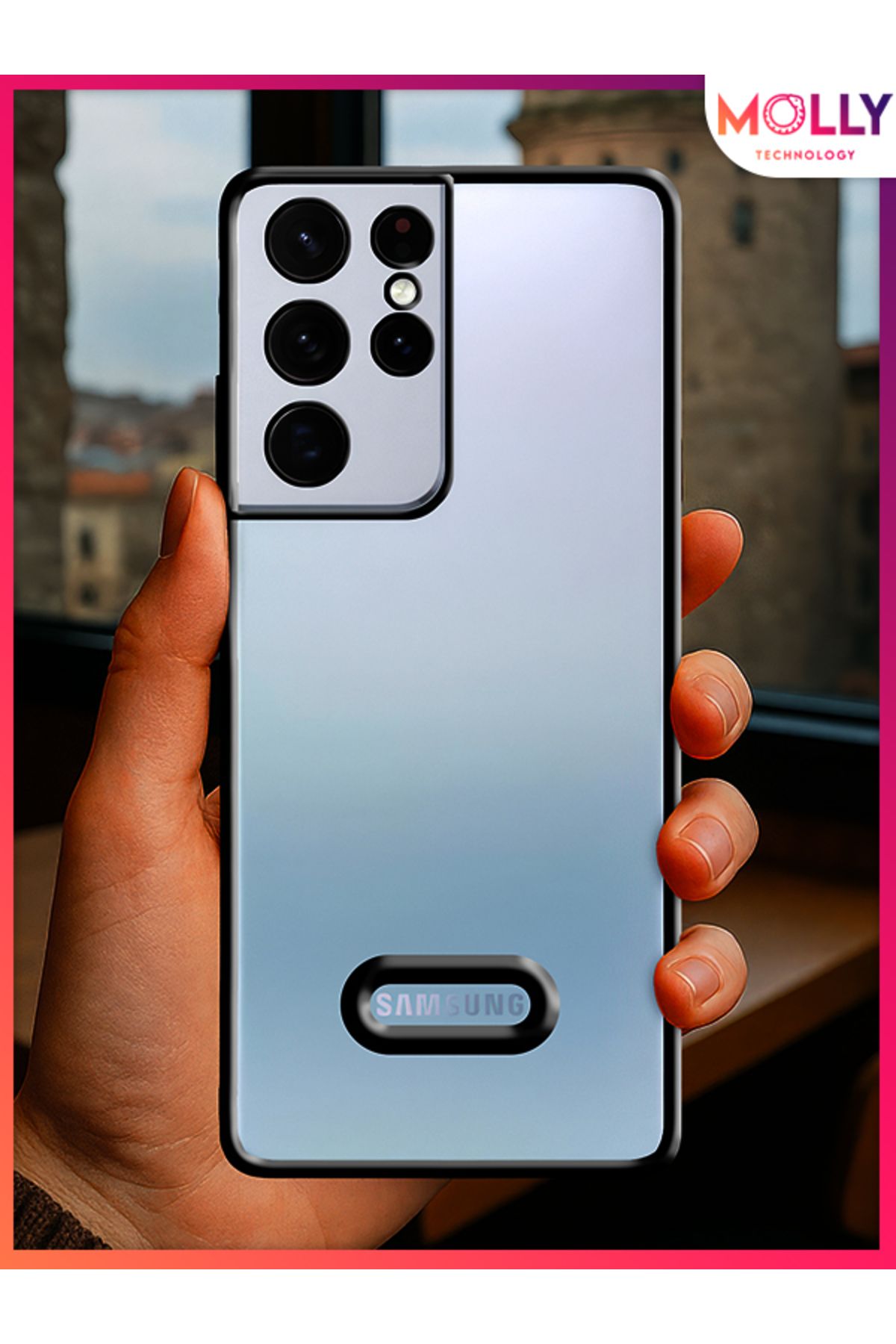 Molly Samsung Galaxy S21 Ultra Için Kenarları Siyah Lens Koruyuculu Lou Lazer Şeffaf Silikon Kılıf