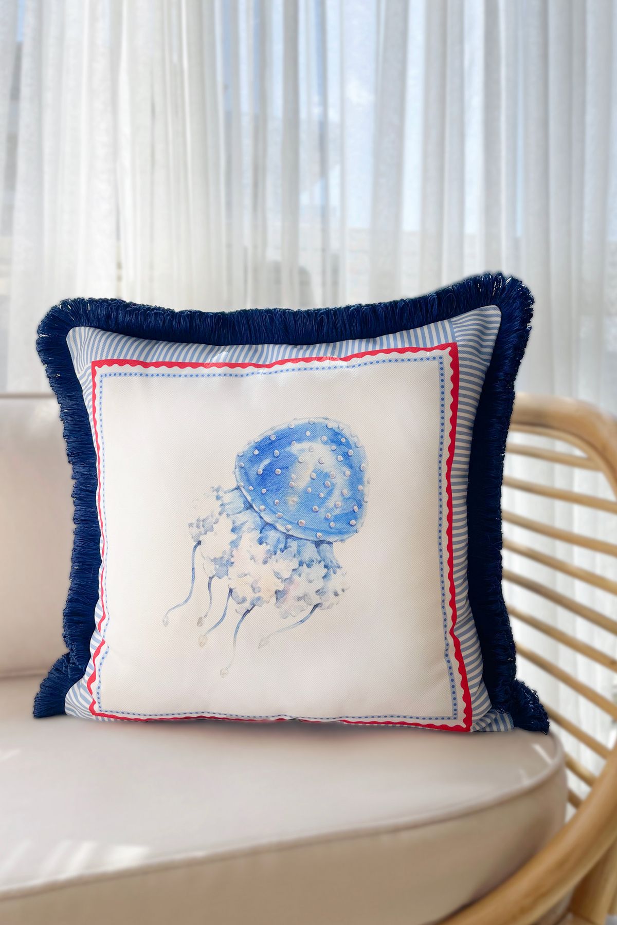 RİTMOHOME Marin, Deniz, Yaz, Tekne, Yat, Püsküllü, Modern, Country, Bohem 50x50 Dekoratif Kırlent Kılıfı