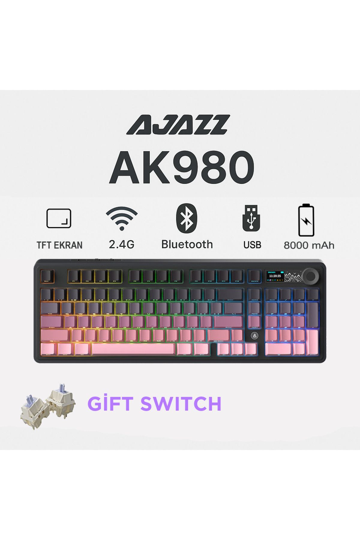 Ajazz AK980 3 Modlu Hot-Swap TFT Ekranlı Mekanik Oyun Klavyesi-8.000 Mah Batarya Dinamik RGB