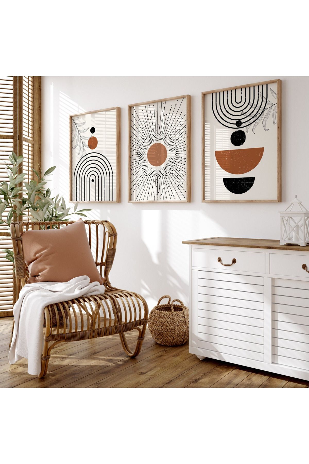 Tuba Decor 3 Parça Ahşap Çerçeve Görünümlü bohem MDF Tablo Seti