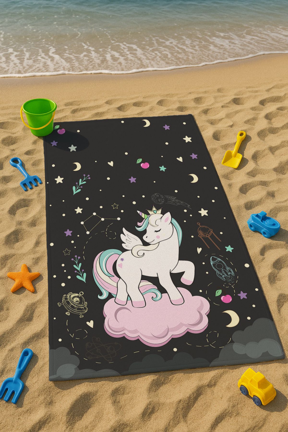 Talia Home Siyah Unicorn Desenli Çocuk Plaj - Deniz- Havuz Havlusu TLAPH-077