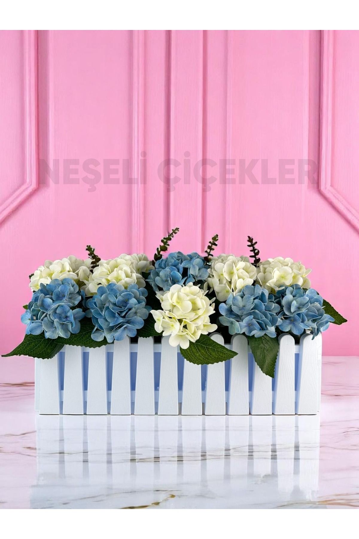 NEŞELİ ÇİÇEKLER Yapay Çiçek Balkon Çiçeği Islak Ortanca Kaliteli Plastik Beyaz Balkon Saksılı 55X40 cm Bahçe Dekor