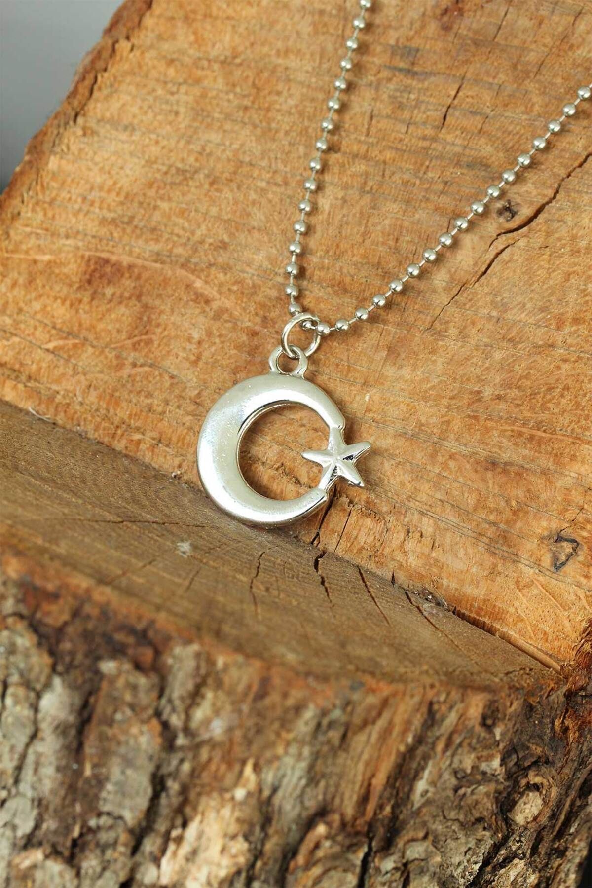 E BULURUM Gümüş Renk Krom Kaplama Kararmaz Ay Yıldız Tasarım Metal Erkek Kolye