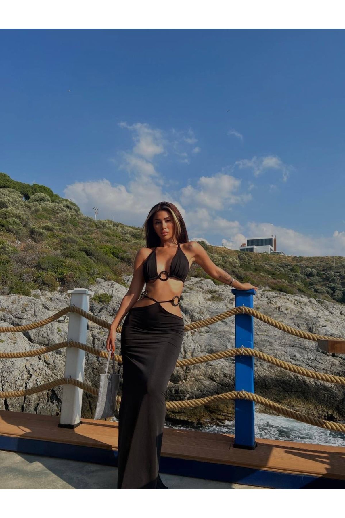 MODA Halka Detaylı Siyah Büstiyer Ve Siyah Etek Beachwear