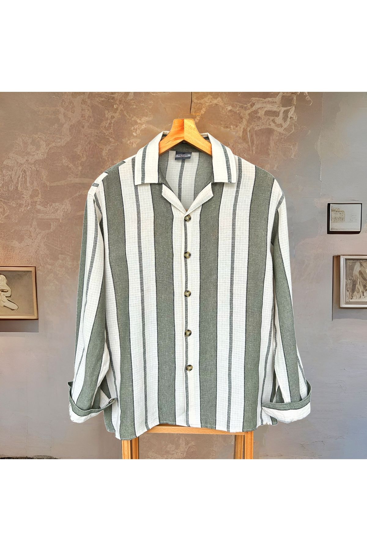 Hazhers Erkek Basic Gömlek Yaka Uzun Kollu Keten Oversize Yazlık Gömlek