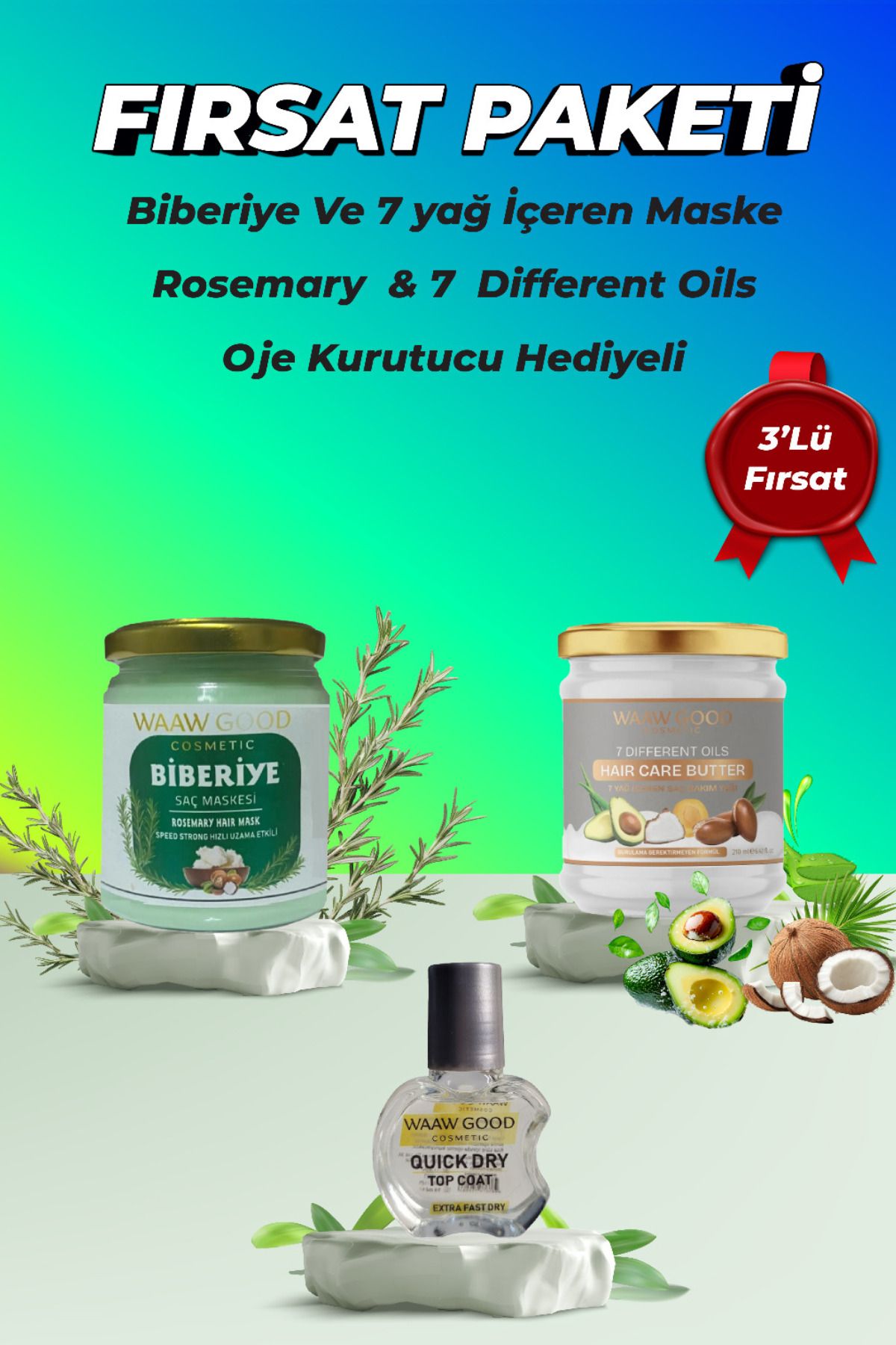 WAAW GOOD Biberiye Dökülme Karşıtı 210 ml & 7 Yağ İçeren Besleyici Onarıcı Saç Maskesi Oje Kurutucu Hediyeli