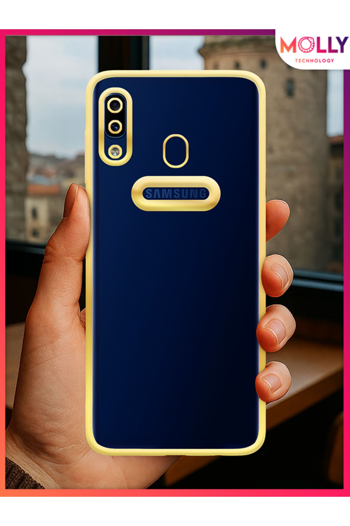 Molly Samsung Galaxy A30 İçin Kenarları Gold Lens Koruyuculu Lou Lazer Şeffaf Silikon Kılıf
