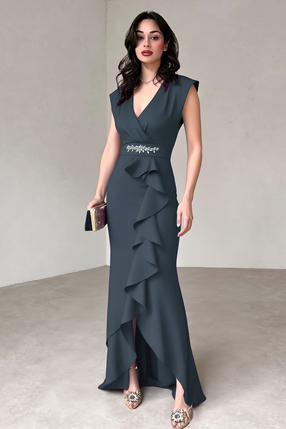 ALFUDO Moda Collection Kadın Scuba Krep Kumaş Kruvaze Yaka Eteği Volanlı Abiye Mezuniyet Nikah Elbise