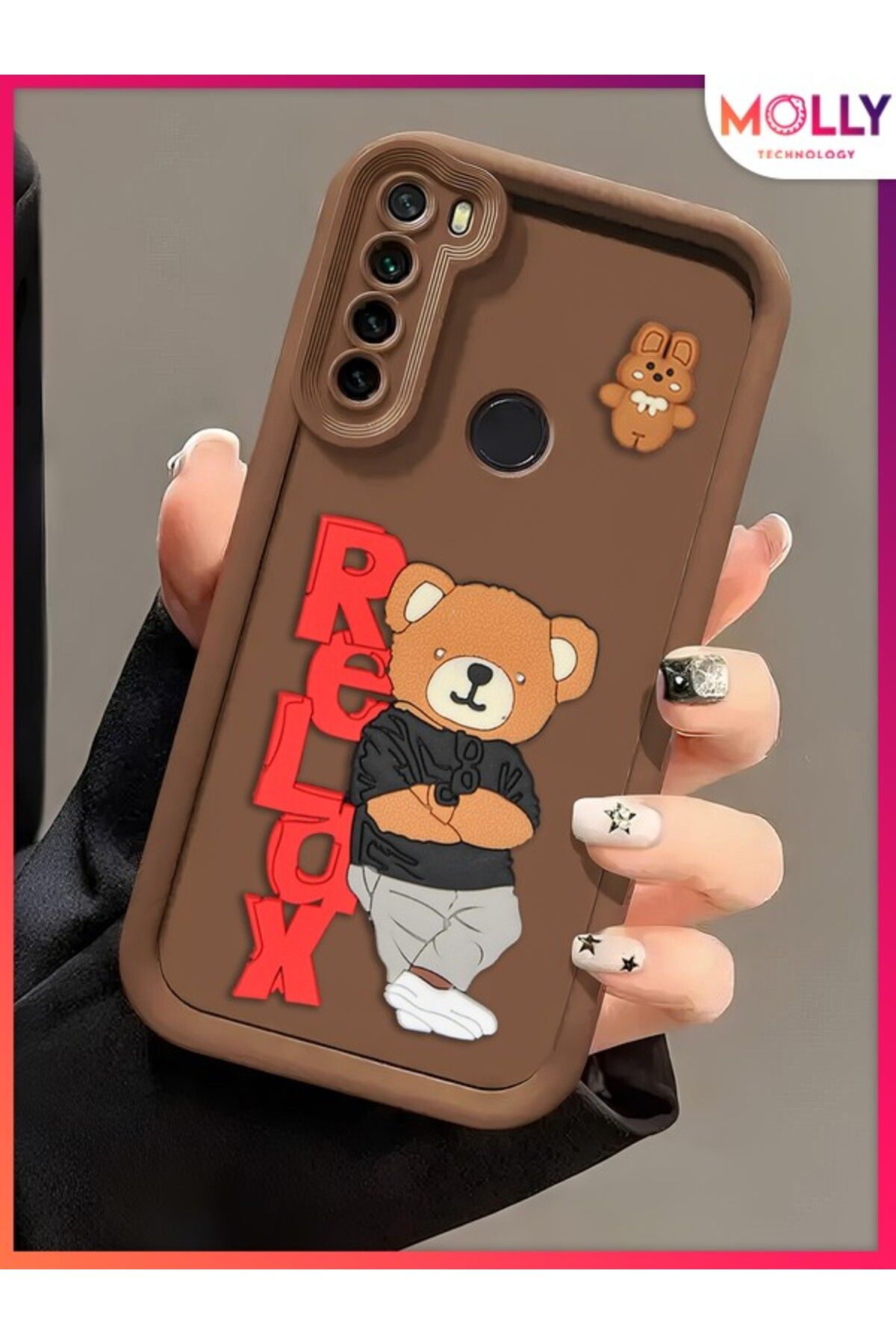 Molly Xiaomi Redmi Note 8 İçin Fallow Brown Kenarları Kalın 3d Kabartmalı Teddy Bear Silikon Kılıf
