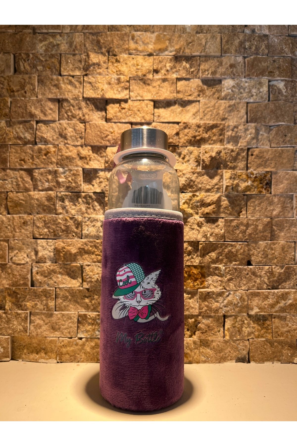 daısydecoratıon Cam Suluk Figürlü Renkli Peluş Matara Suluk 500ml