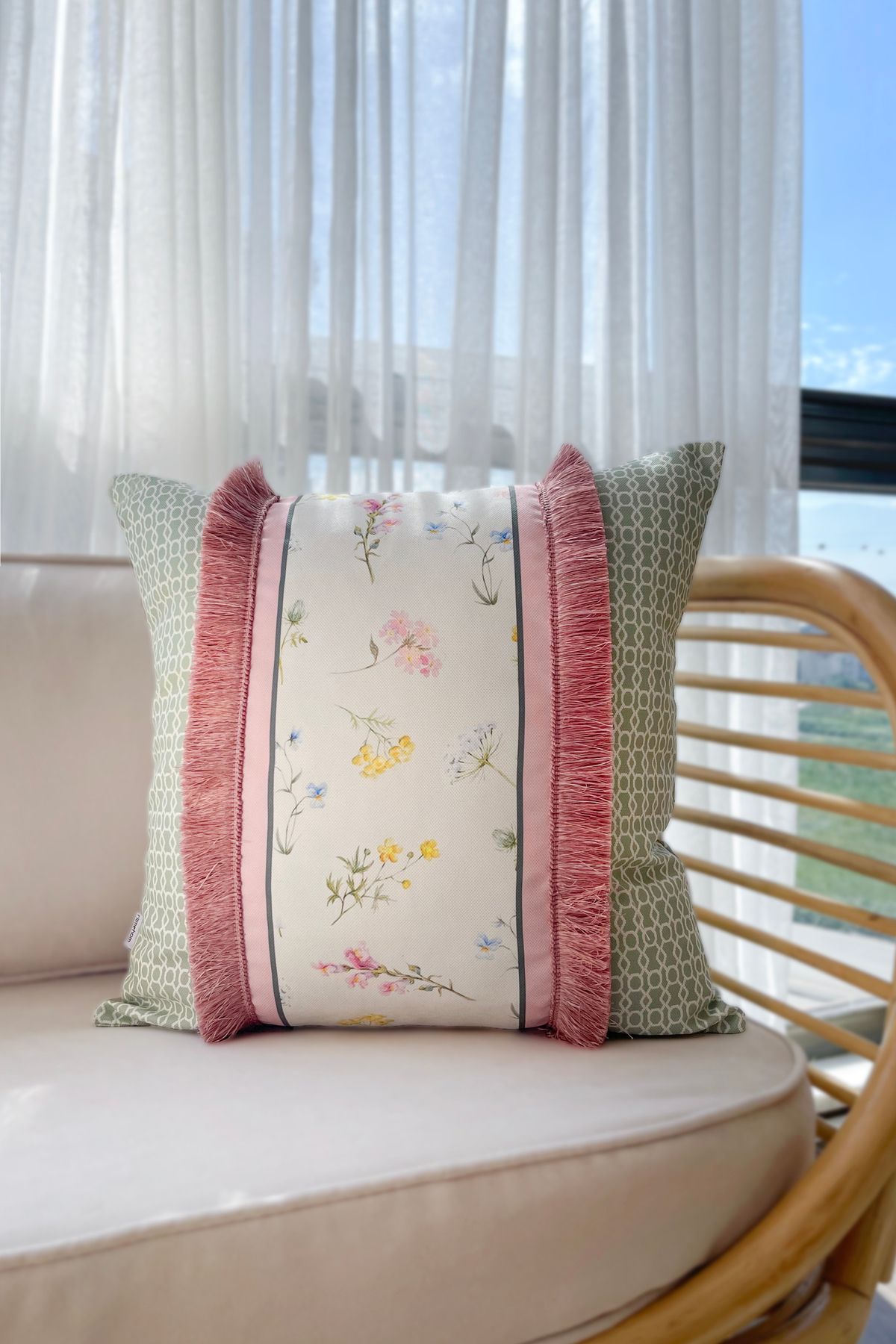 RİTMOHOME Botanik, Yaz, Bahar, Çiçek, Bitki, Püsküllü, Modern, Country, Bohem 50x50 Dekoratif Kırlent Kılıfı