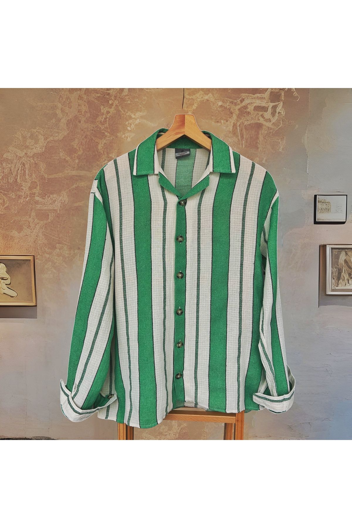 Hazhers Erkek Basic Gömlek Yaka Uzun Kollu Keten Oversize Yazlık Gömlek