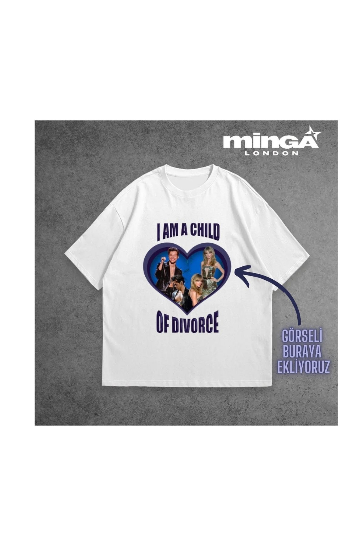 Minga London Beyaz Kişiye Özel Tasarlanan Kalp Fotoğraflı Yazılı Oversize Tshirt -Minga London